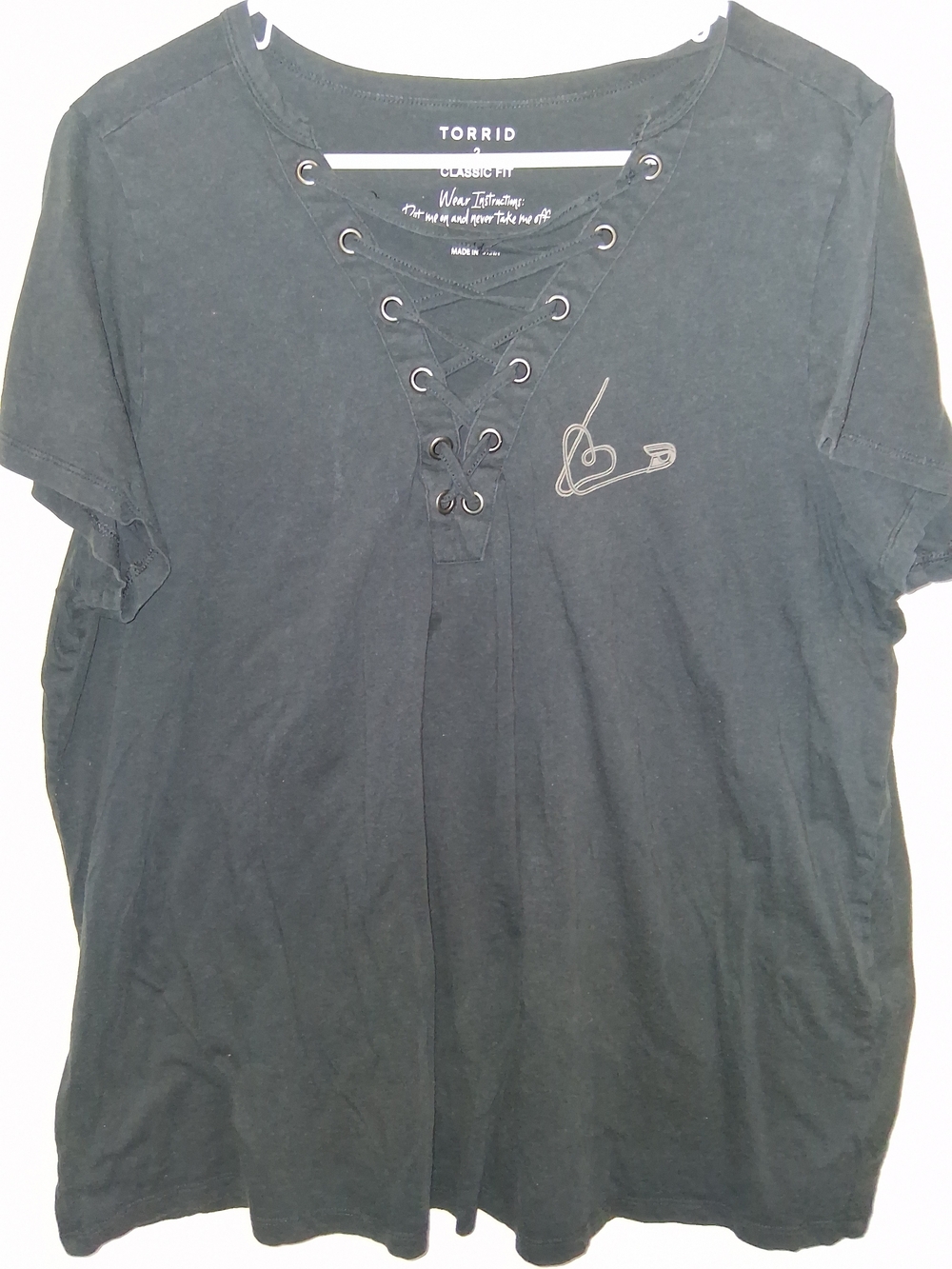 torrid Black Lace-Up V-Neck Tee with Subtle Chest Graphic